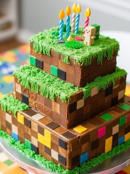 Minecraft birthday cake with blocky design and pixelated decorations for a fun party