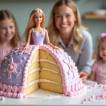 Barbie doll cake with a slice removed, showing rich cake layers, surrounded by girls playing with dolls and a smiling mom in the background.
